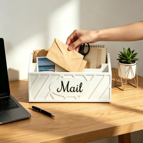 Mail Organizer Countertop with 2 Slots, Farmhouse Mail Holder for Desk with Removable Divider, Wooden Desk Organizer for Letters Bills Envelopes Storage, Mail Sorter for Home Office Countertop, White