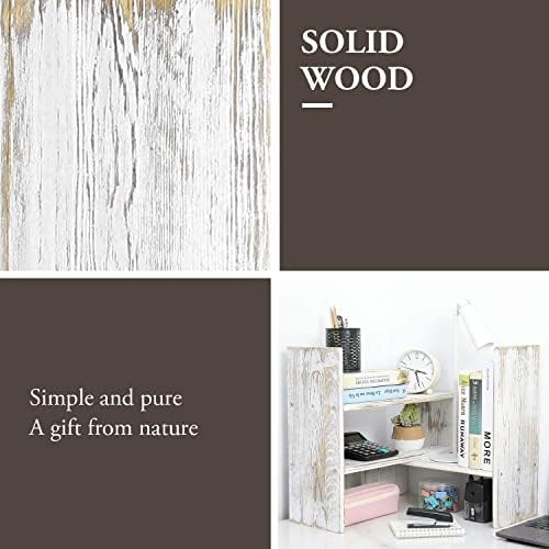 MyGift Adjustable Whitewashed Solid Wood Desktop Storage Organizer Display Shelf Book Rack, Office Desk Bookshelf