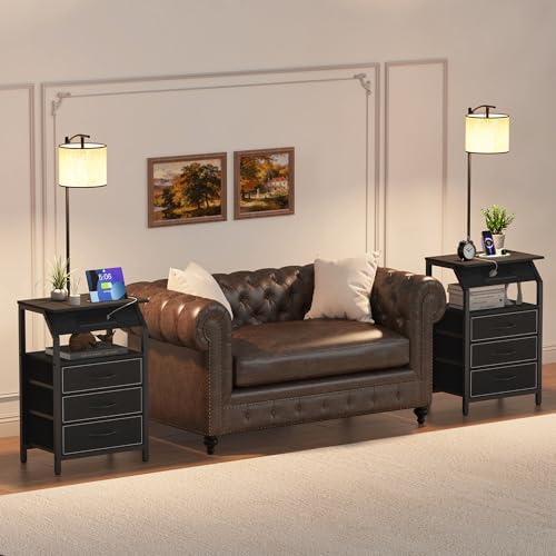 End Table with Floor Lamp Set of 2, Nightstand with Charging Station, Floor Lamp Table with 3-Color Temperature Bulb, Bedside Table Night Stand with 3 Drawers for Bedroom, Living Room, Black