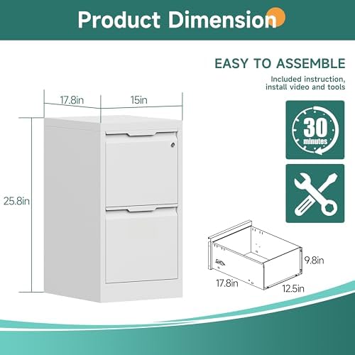 2 Drawer File Cabinet with Lock,Metal Small File Cabinet for Home Office,White Under Desk File Cabinet for Letter/Legal/A4/F4 Size File,Assembly Required