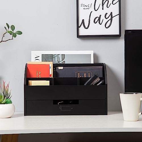 canwedance Distressed Rustic Wooden Office Desk Organizer 5 Compartment with 2 Drawer &Counter Desk Tabletop Desktop Mail Rack, Pens, Notebooks, Folders, Pencils and Office Supplie(black)