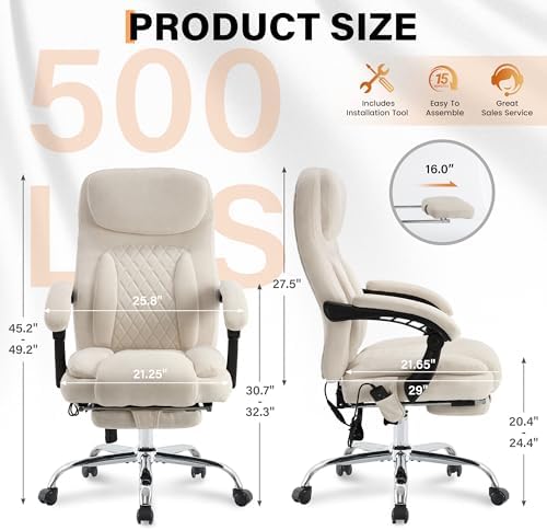 500LBS Massage Office Chair, Reclining 6 Points Vibration and Heat Desk Chair with Foot Rest, Ergonomic Executive Office Chairs, Comfy Wider & Thicker Seat, Big and Tall Gaming Chair, Fabric Beige
