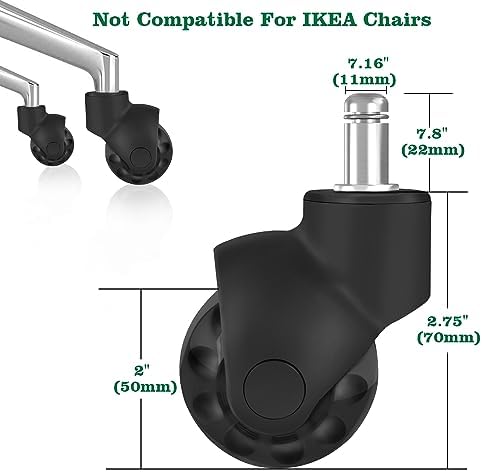 Office Chair Wheels Replacement 2 Inch Rubber Ball Caster Wheels for Wood Floor Carpet Mats, Set of 5, Heavy Duty Desk & Gaming Chair Casters 7/16" (11mm) Grip Ring Stem, Quiet Smooth Rolling (Black)