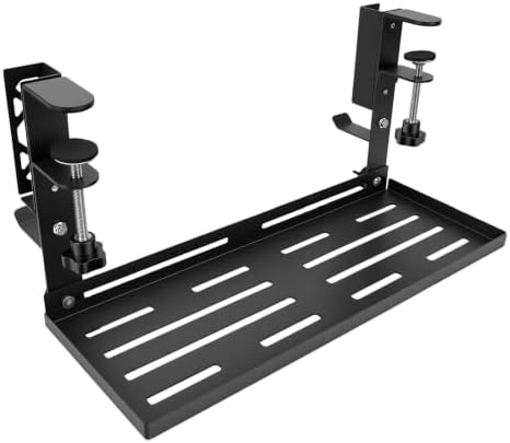Under Desk Cable Management Tray No Drill, Black Carbon Steel Metal Cord Organizer with Clamp Mount, Huge Load Capacity, with Accessories for Home Office Standing Desk