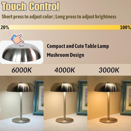 2 Pack Cordless Mushroom Table Lamp, Rechargeable, Dimmable 3 Color, Silver