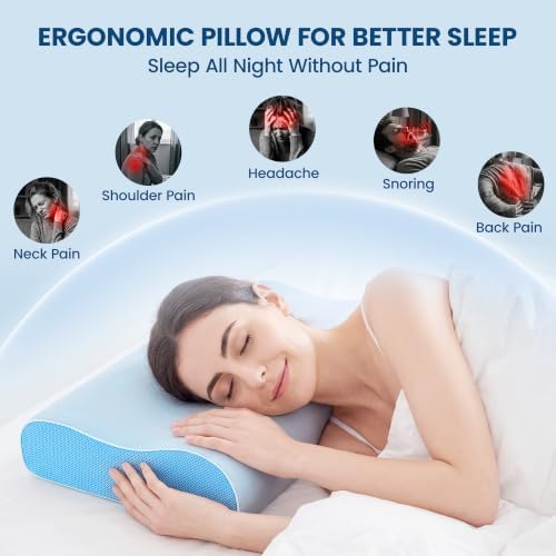 Cervical Neck Pillow for Neck Pain Relief, Odorless Memory Foam Pillow with Adjustable 2 Heights, Cooling Bed Pillow Neck Support Pillow for Side, Back & Stomach Sleepers, Standard Size(Blue)