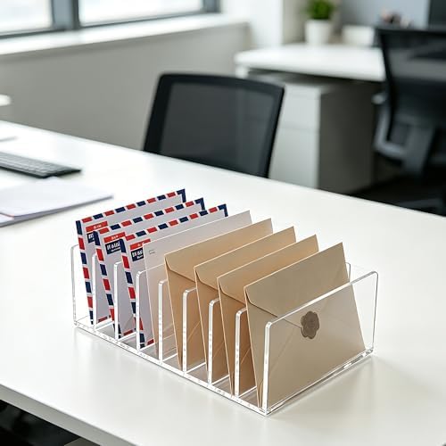 8 Compartments Clear Acrylic Mail Holder – Vertical Letter Sorter & Multifunction Desk Organizer for Bills, Documents, Notebooks – Modern Office/Home Envelope File Rack