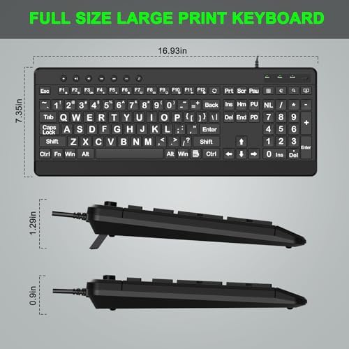 EDJO Large Print Ergonomic Keyboard, Full Size Keyboard with Wrist Rest, Silent Wired USB Computer Keyboards with Oversized Letter Keys Easy to See and Type for Laptop, PC, Windows, Desktop