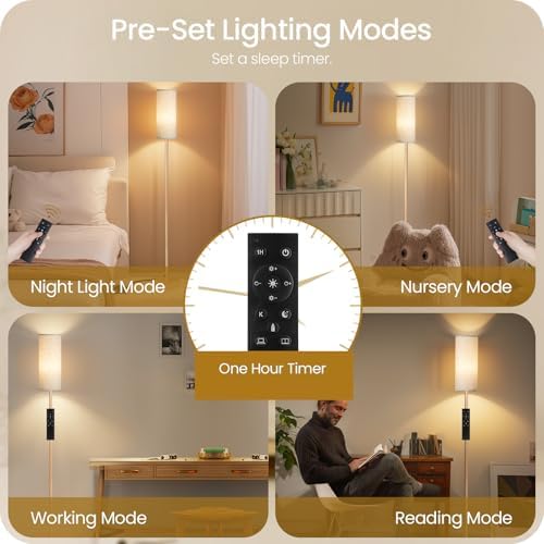 Wooden Textured Pole Lamp, Dimmable Floor Lamps for Living Room with Remote and Foot Switch, 64.4” Standing Tall Lamp, Corner Floor Light for Bedroom, Bulb Included, 3000K-6500K, FCC Listed XE06LD05W1