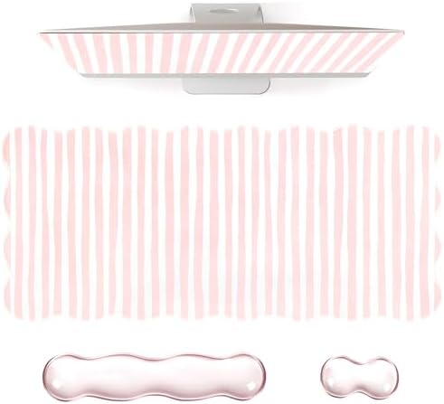 L-SPOUTTO Pink Striped Mouse Pad Set,Scalloped XXL Desk Mat + Ergonomic Mouse Wrist Rest + Gel Keyboard Wrist Rest for Keyboard 65%/75%,3in1 Large Desk Pad for Desktop Home Office Computer Game