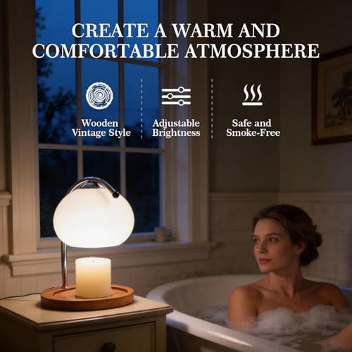 Topyond Aroma Wax Melting Lamp Retro Wood Storage Tray Glass Candle Warmer Desk Lamp Bedroom Bedside Ambient Table Lamp Home Decor