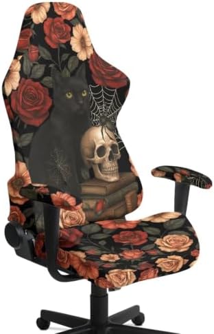 Gothic Black Cat Rose Skull Gaming Chair Cover Stretchable Game Chair Slipcovers with 2 Armrest Covers, Scratch-Proof Gamer Desk Chair Covers for Computer Office Seat