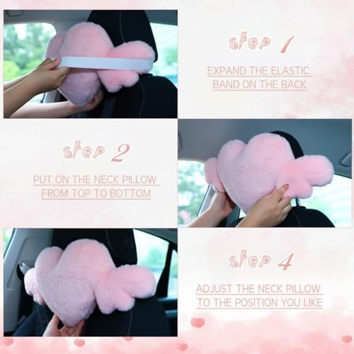 Macarrie 2 Pcs Heart Plush Car Headrest Pillow Angel Wings