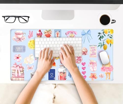Cute Blue Desk Mat Kawaii Cat Mouse Pad Retro Vintage Large XXL Mousepad Computer Keyboard Laptop Mouse Mat Aesthetic Floral Office Desk Decor for Women Girl