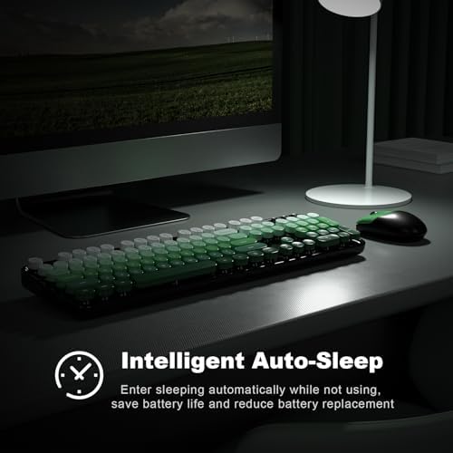 MOFII Wireless Keyboard and Mouse Combo, Full Size 2.4G Plug and Play Typewriter Retro Round Computer Keyboard and Mouse Set for Windows, Computer, Desktop, PC, Notebook - (Black Green Gradient)