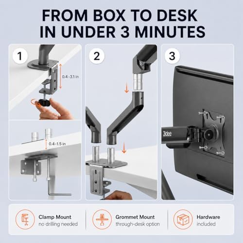 3IDEE FlexiLite Dual Monitor Arm Desk Mount for 17-32" Screens, Holds up to 20 lbs per Monitor, Slim Aluminium Design, Fully Adjustable, Quick Box to Desk Setup, Clamp/Grommet Base, VESA 75/100