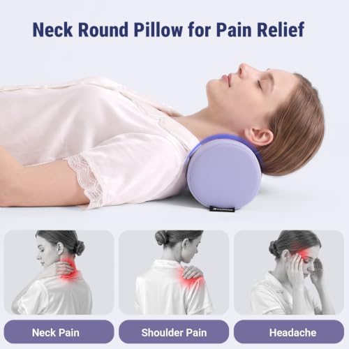 Travel Neck Roll Pillow, Memory Foam Round Pillow for Neck Support On the Go, Cylinder Bolster Pillow with Black Storage Bag, Cooling & Removable Cover, 11x4.5 Inches (Purple)