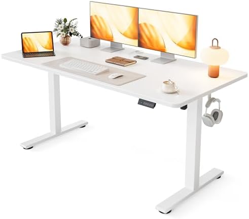 Cubiker Standing Desk, 55x28 Inches Sit Stand Home Office Desk, Electric Stand up Desk, Adjustable Desk with Splice Board, White Frame/White Top