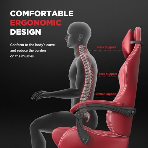 Ferghana Vintage PU Leather Gaming Chair, High Back Gamer Chair with Massage, Ergonomic Computer Office Chair with Footrest for Adults, Racing Style Reclining Video Game Chair Bright Red