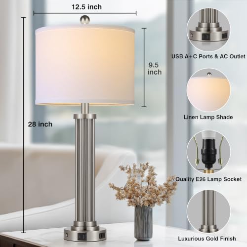 28" Tall Modern Table Lamp with USB C+A Ports and AC Outlet, 3 Way Touch Metal Bedside Lamps for Bedroom, Silver Nightstand Lamp for Living Room