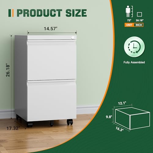 Letaya 2 Drawer Mobile File Cabinet with Lock,Under Desk Metal Filing Cabinets for Home Office Organizer Letters/Legal/A4(Fully Assembled-White)