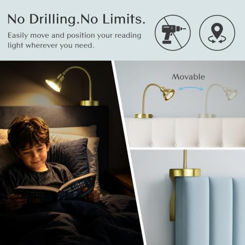 Solfres Patented Innovative Design Headboard Reading Light. No Drilling Golden Book Light for Bedtime Reading. Dimmable LED Book Reading Lamp with Bulb. Movable & Flexible, Gold