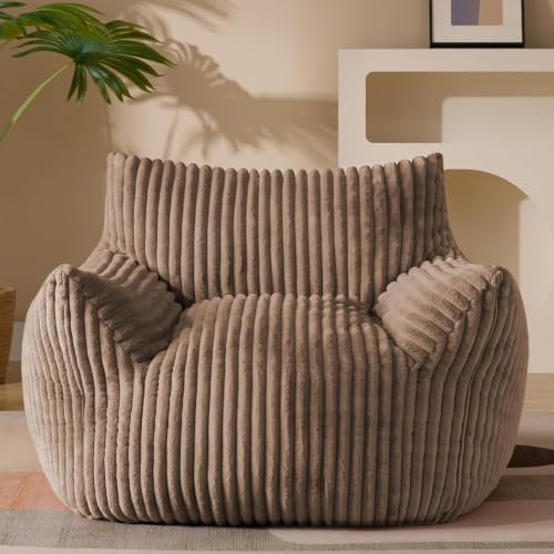 Giant Plush Bean Bag Chair for Adults with Armrests - Oversized Comfy Khaki Beanbag Lounge Lazy Floor Sofa Chair for Living Room, Bedroom & Dorm, Cozy Fluffy Single Cloud Mini Couch