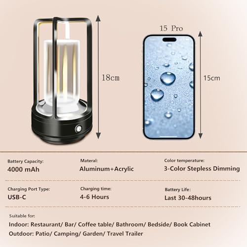 Cordless Table Lamp, 4000mAh Rechargeable Battery-Operated (Black)