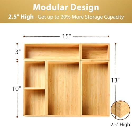 Umilife Drawer Organizer Storage Boxes, 2.5" High Bamboo Drawer Dividers, 5 Rearrangeable Bins for Kitchen, Office Desktop, Clothing, Makeup, vanity, Jewelry