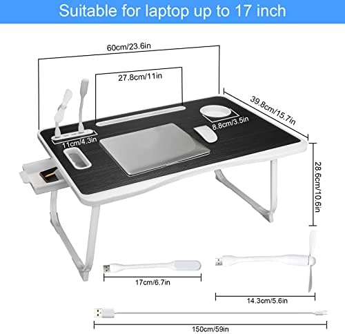Laptop Bed Table, Laptop Desk for Bed, Foldable Laptop Bed Desk with USB Charge Port, Handle, Desktop Card Slot, Cup Slot, Side Drawer, Portable Laptop Table for Bed Eating Reading Working