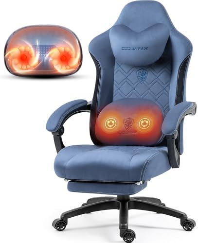 Dowinx Fabric Gaming Chair with Heated Massage Lumbar Support, Computer Game Chairs for Adults, Big Tall Gamer Chair with Pocket Spring Cushion and Footrest, Recliner Gaming Chairs for Adult,Blue
