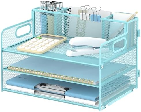 3-Tier Desk Organizer with Pen Holder and Handles, Paper Organizer, Blue