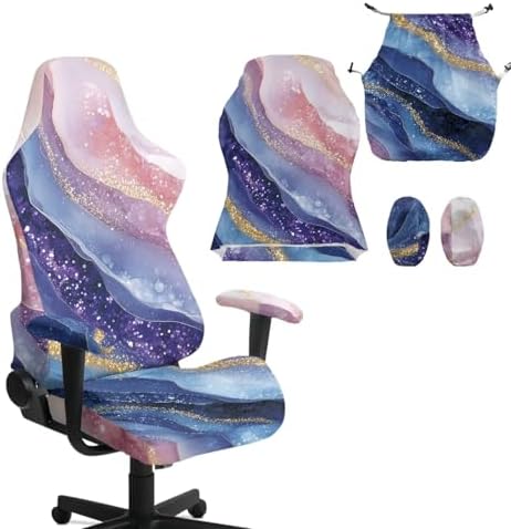 Gradient Marble Pattern Gaming Chair Cover with Armrest Cover Easy to Install Zipper Design Slipcover Scratch Proof Non-Fading Universal Rotating Desk Chair Protector