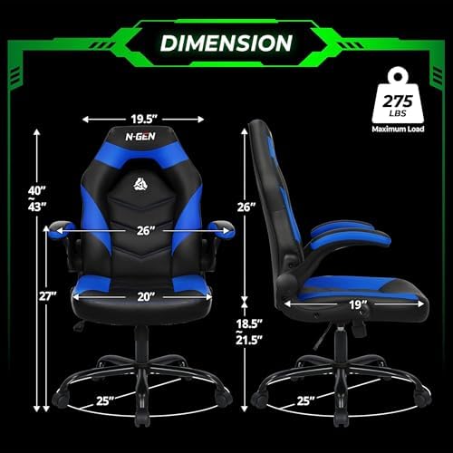 N-GEN GAMING Video Gaming Chair Ergonomic Office Desk Chair with Lumbar Support Adjustable Height Padded Flip Up Arms and Swivel Wheels Racing Style Design for Adults with PU Leather (Blue)