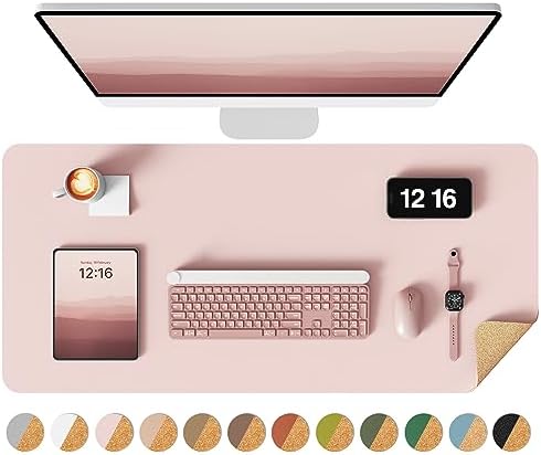 YSAGi Double-Sided Desk Pad, 35.4"x17"Leather Desk Mat, Eco Cork Desk Pad Protector,Large Mouse Pad,Waterproof Desk Blotter for Office/Home(Pink)