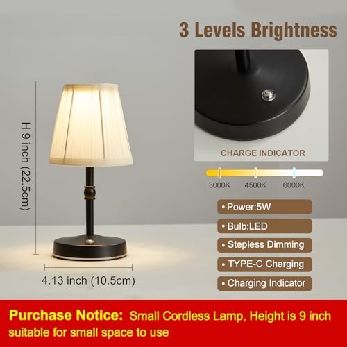 LED Cordless Mini Lamp 5W,3000 mah Battery Operated Lamps,3 Color Temperature Dimmable Table Light,Small Rechargeable Lamp,Kitchen Lamps countertop,Restaurant (Black,2pack)