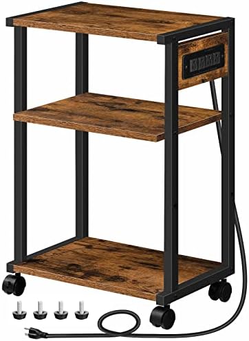 HOOBRO Industrial Printer Stand with Charging Station, 3-Tier Printer Table, Rolling Printer Cart with Adjustable Shelf and Hook, Rustic Brown and Black BF28UPS01