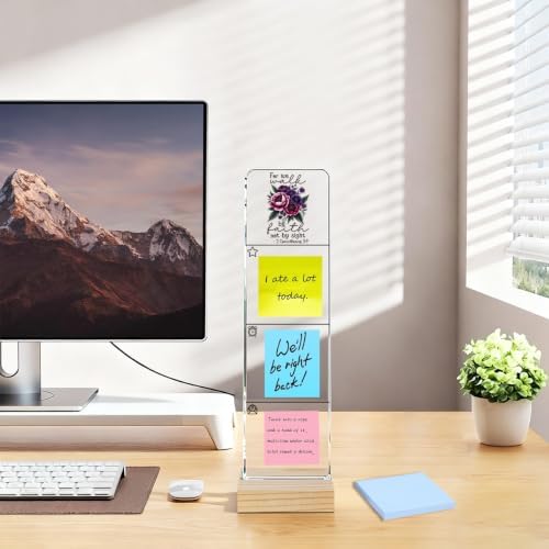 Sticky Note Holder, Monitor Memo Board, Acrylic Post It Note Holder with Wooden Base, Includes 100 Notes, Desk Organizer, Christian Quote “for We Walk By Faith Not By Sight” Floral