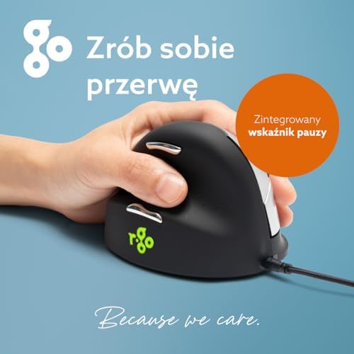 R-Go HE Vertical Ergonomic Mouse, for Left Handed, with Break Software, USB-C/A Wired, Prevents Tennis Elbow/Mouse Arm RSI, Silent Click, 5 Buttons, Compatible Windows/Mac OS, Black/Silver
