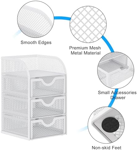 EasyPAG Mesh Desk Organizer with 3 Drawer Office Desktop Organizers and Accessories Stationery Caddy for Office, Home, Students, White