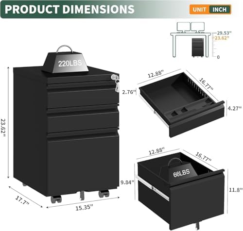 3 Drawer File Cabinet with Lock, Black Metal on Wheels