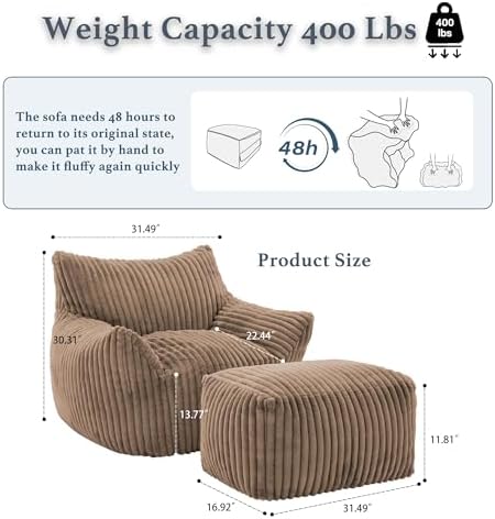 Gericco Oversized Bean Bag Chaise Lounge Chair with Ottoman for Adults