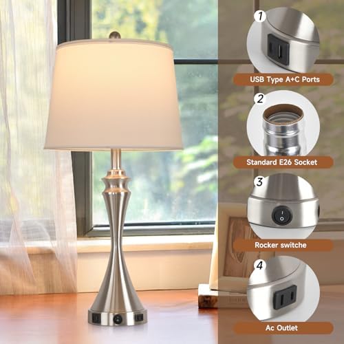 Living Room Deek Lamp Bedroom Table Lamp Set of 2,3 Way Dimmable Led Light Modern Industrial Table Lamps Sand Nickel Metal,USB Type A+C&Outlet, Linen Lampshade,Bulb*2