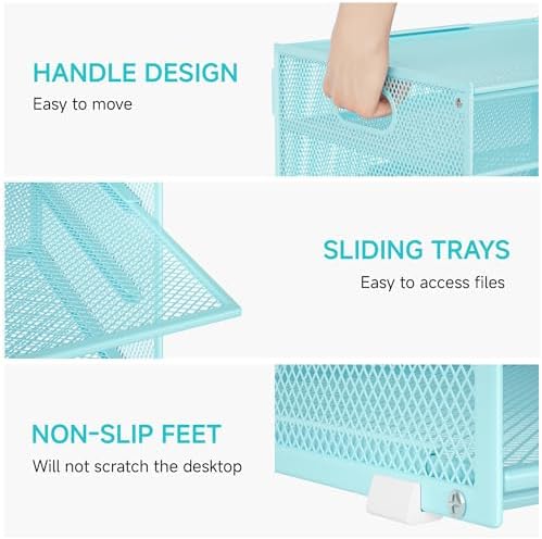 Lavatino 3-Tier Letter Tray Desk Organizer, Mesh Metal Paper File Tray Organizer for Desk, Office Supplies & Home Organization, Fits A4 Paper, Mail, Magazines & Office Accessories (Blue with Handle)