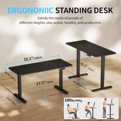 BIZUM Electric Standing Desk, 55" x 24" Height Adjustable Desk, Black Sit to Stand Desk Memory Gaming Computer Workstation for Home Office