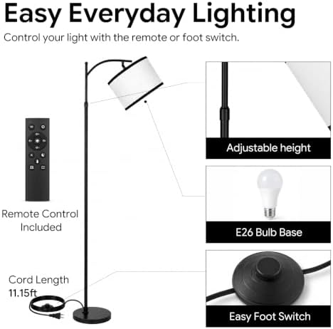 BySea Dimmable Arc Floor Lamp, Adjustable Over Couch Lamp, Remote Control