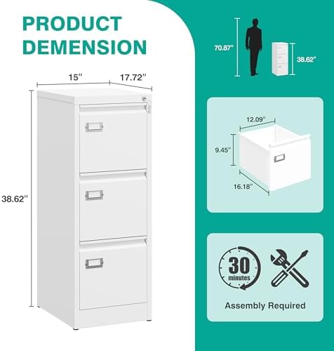 SISESOL 3 Drawer File Cabinet with Lock and Tag,Narrow Three Drawer Filing Cabinet,Vertical Metal File Cabinets,Small White Filing Cabinets for Home Office Fit Letter/A4/Legal Size File,Easy Assembly