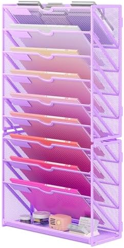 Lavatino Hanging Wall File Folders Organizer - 10-Tier Purple Metal Mesh Paper Magazine Document Mail Holder File Organizer for Office School Home Wall Mount or Desk Supplies Organization