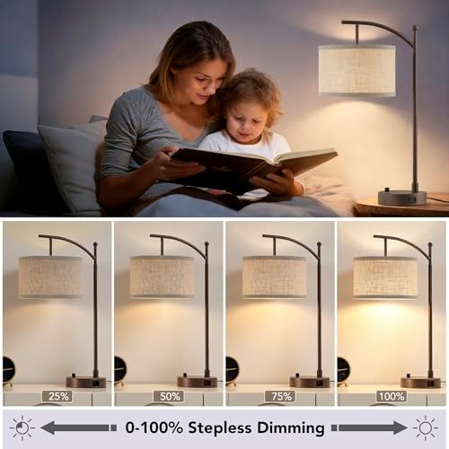 Table Lamp Set of 2, 23.5" Bedside Lamps with USB C+A Ports, Brown