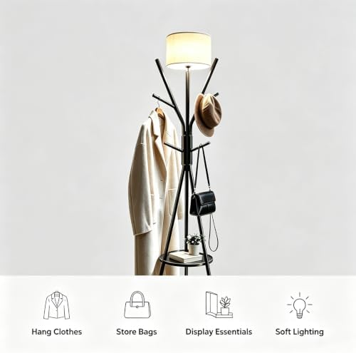 Black Coat Rack Floor Lamp, Metal Standing Lamp with Storage Table, 3 Color Dimmable Tall Lamp with Multi Hooks Coat Rack, Corner Floor Light for Living Room Bedroom Apartment Entryway